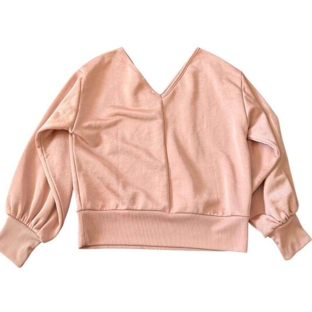 A47-Pink V neck sweatshirt with elastic cuffs and hem #pink #vneck